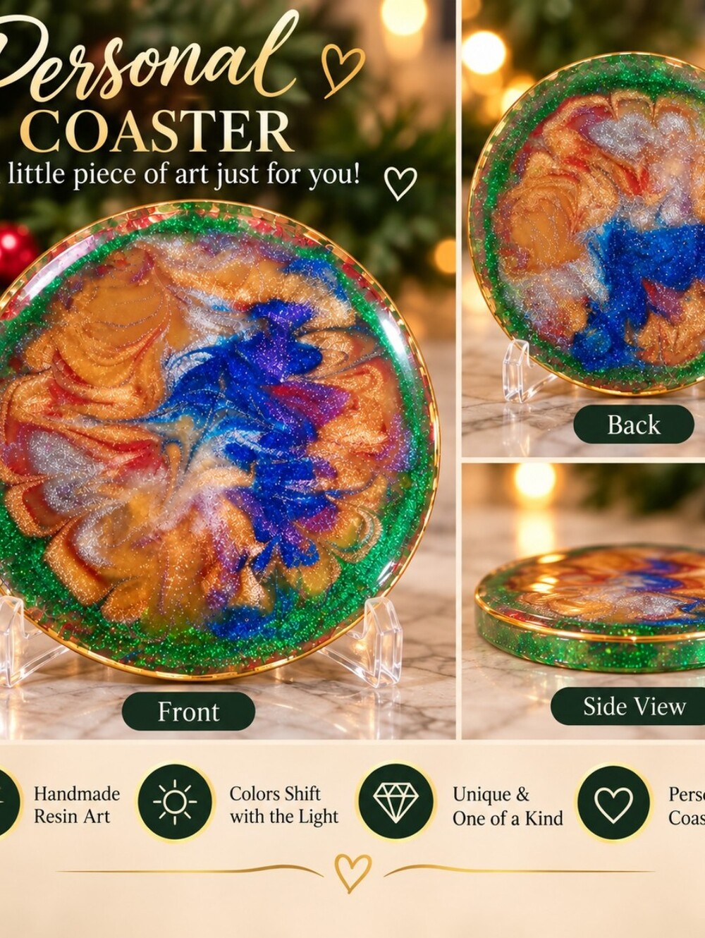 Handmade Green & Blue Swirl Resin Personel Coaster
